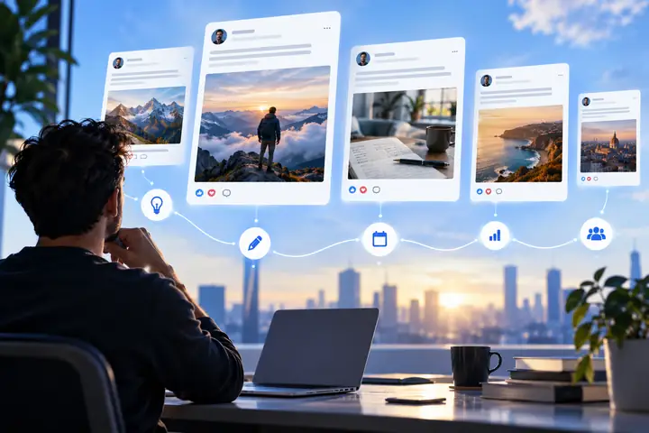 LinkedIn風の投稿カードを重ね、小さな画面要素と下端に沿って伸びる曲線の接続ラインを配した、洗練されたブルーとホワイトの製品イラスト。